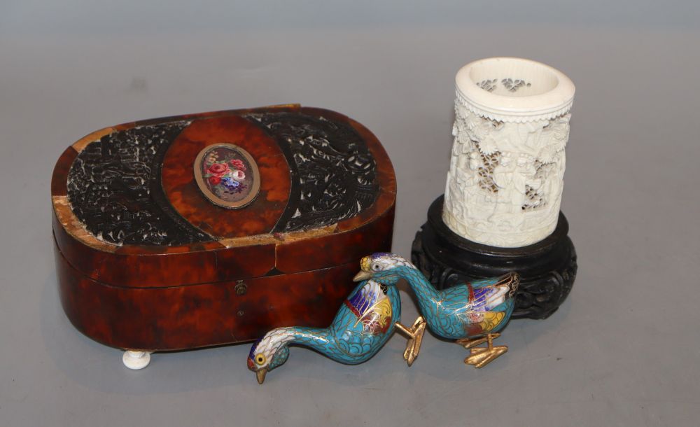 A 19th century tortoiseshell trinket box and a Chinese ivory tusk vase and a pair of cloisonne duck